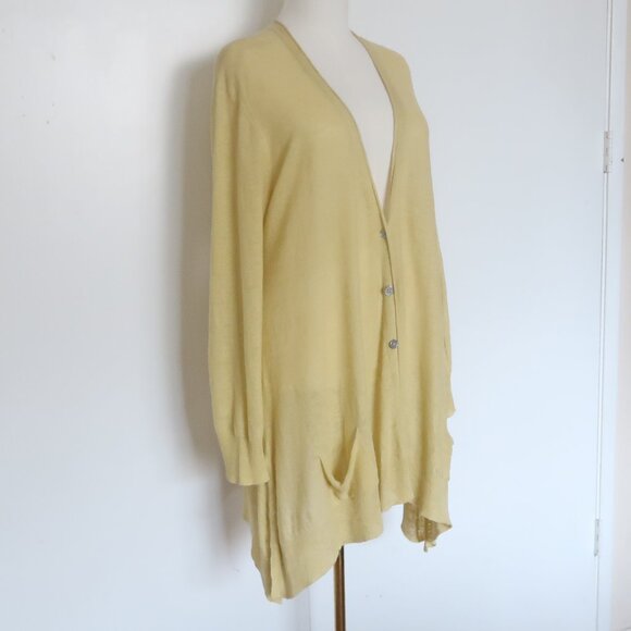 Eileen Fisher 100% Linen Long Cardigan Sweater Light Yellow Button Front Size L - Picture 3 of 9